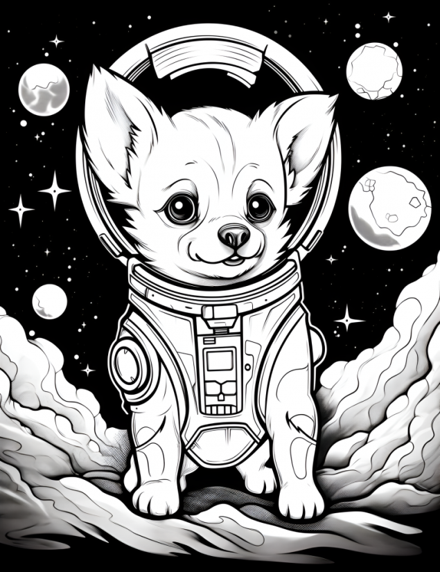 Digitální produkt: Omalovánky pro dospělé - Pes ve vesmíru 40 obrázků k vytisknutí