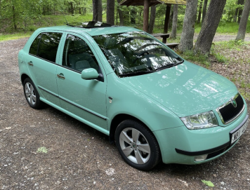 Pistáciová Fábia – Škoda Fabia první generace zelená Fantasy hatchback v lese